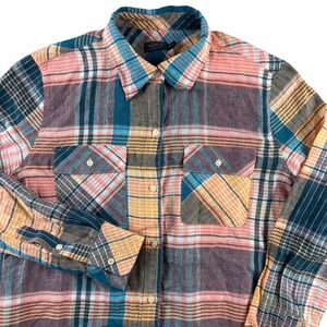 Vineyard Vines Plaid Linen Button Down Shirt Women's 6 Pink Coastal Preppy Chic